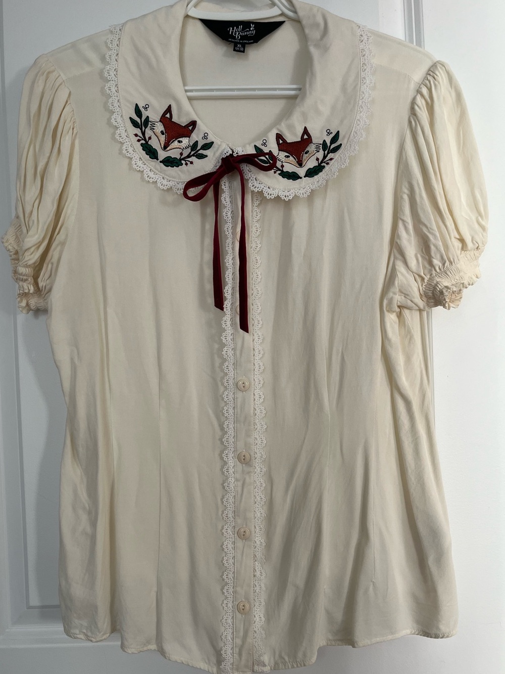 NWOT Hell Bunny Basil Ivory Blouse with fox embroidery and velvet bow